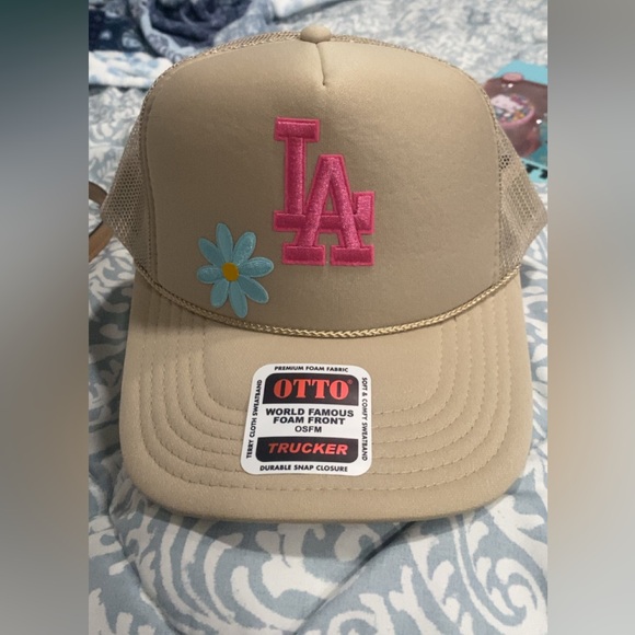 OTTO Accessories - OTTO LA Tan Trucker Hat with Pink Logo
